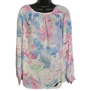 Gingham Print Balloon Sleeve Tunic Floral Pink Pastel Women’s Size Large